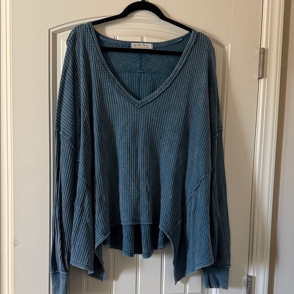 Free People Tops - Waffle Knit V-Neck Oversized Pullover - Dusty Teal